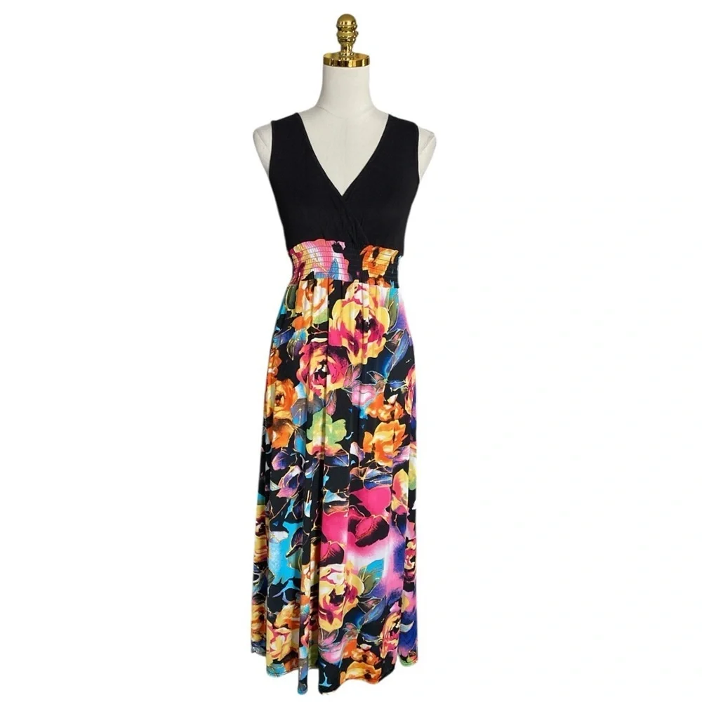 Boohoo Women’s Sleeveless Colorful Floral w/ Black Bodice Flowy Maxi Dress Sz 6 - Picture 3 of 8